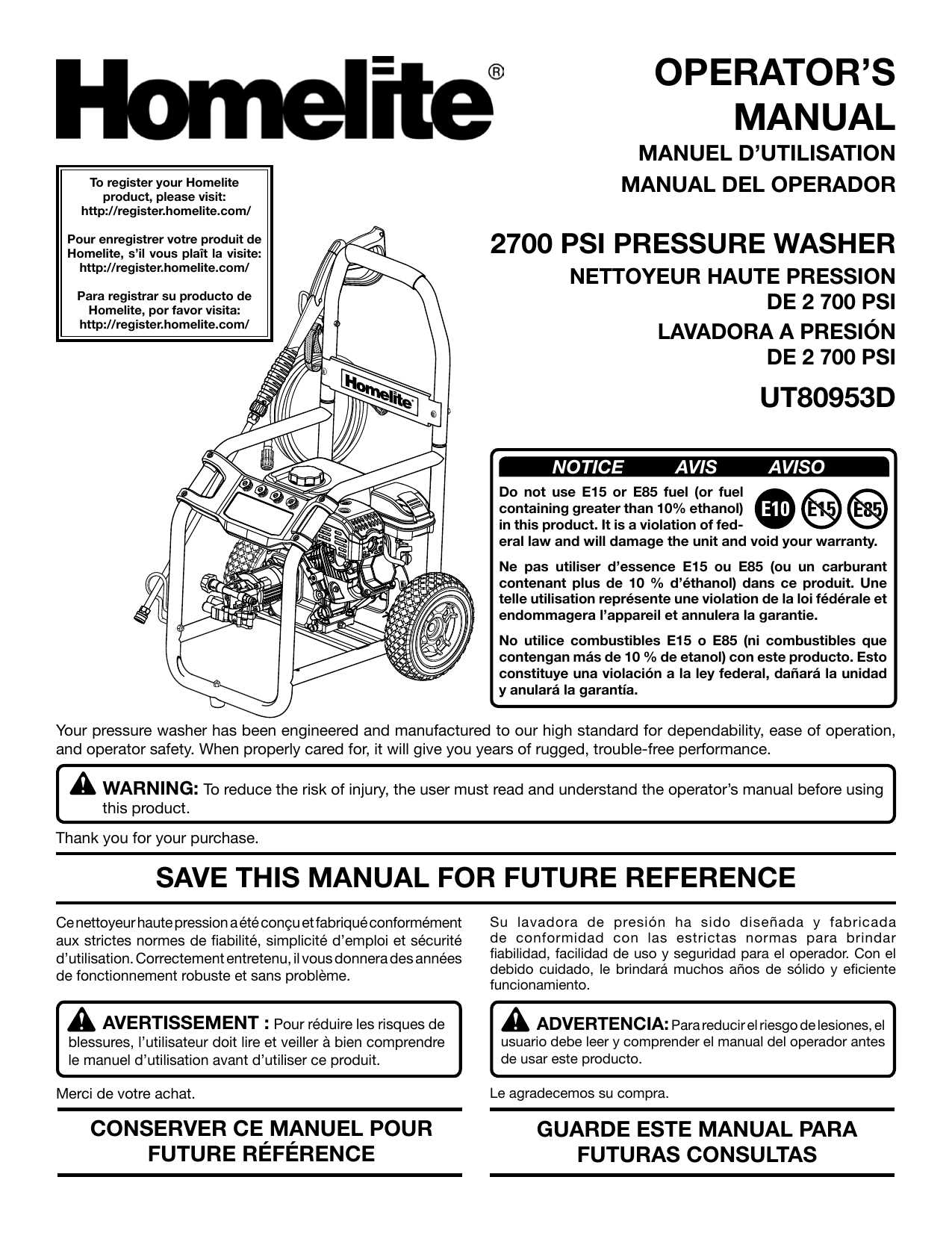 homelite 2700 psi pressure washer owners manual