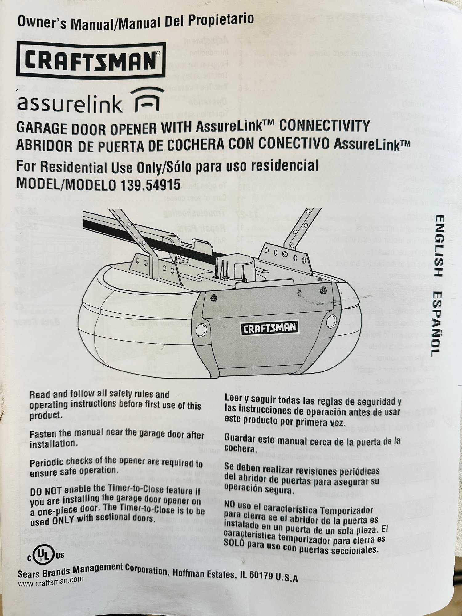 sears garage door opener owners manual