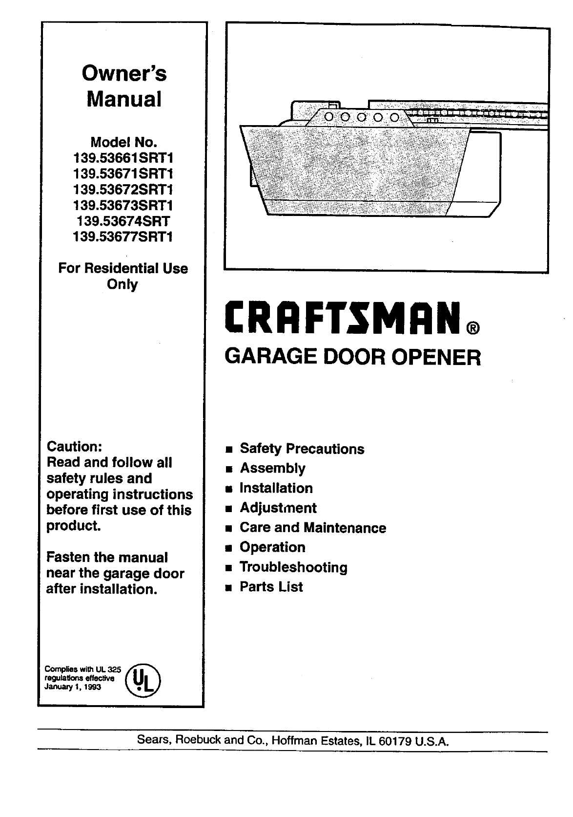 craftsman 1 2 hp garage door opener owners manual