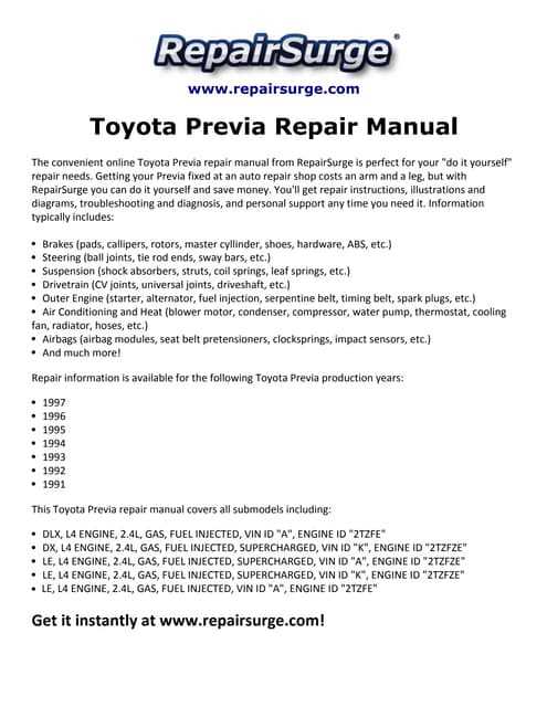 1995 toyota previa owners manual